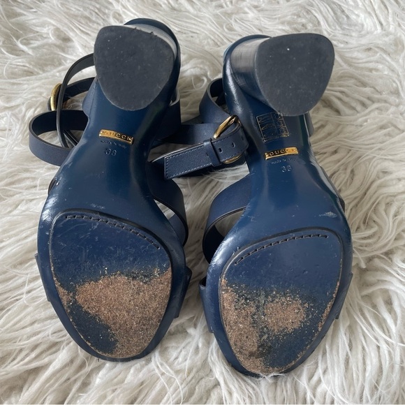 GUCCI Leather Suede Calfskin Candy Blue Marine Crossover Strap Heeled Sandals 38 - Picture 11 of 12